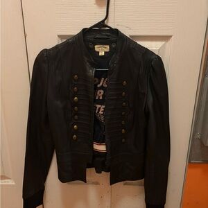 Converse by John Varvatos Black Leather Band Jacket with Brass Accents